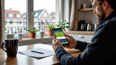 Dansk mand undersøger sportsbetting-app på smartphone ved køkkenbord i København