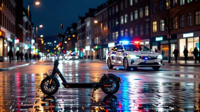 El-sparkesykkel liggende på våt brostein om natten i en norsk by med politibil i bakgrunnen