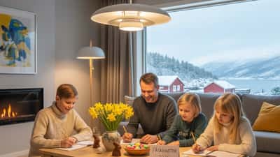Norsk familie samlet rundt kaffebordet i påsken og løser gåter og quizoppgaver