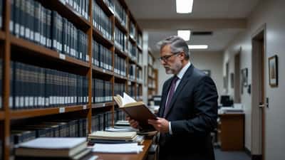 Criminal defence lawyer examining sparse case file in Montreal courthouse corridor, fluorescent lighting