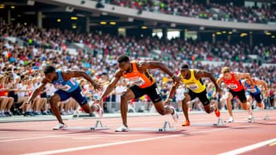 Pikajuoksijat lähtötelineissä 100 metrin juoksun lähdössä kesäisellä yleisurheilustadionilla