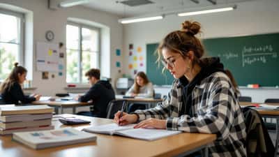 Lycéen français en révision de mathématiques avec manuels et calculatrice en salle de classe