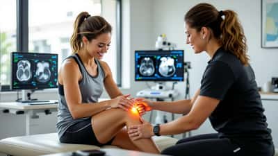 Sports physiotherapist examining a patient's lower leg fibula area in a Sydney sports medicine clinic