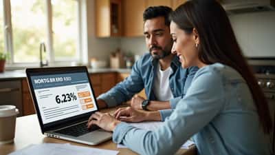 Pareja revisando documentos de refinanciación hipotecaria con calculadora de tasas en pantalla