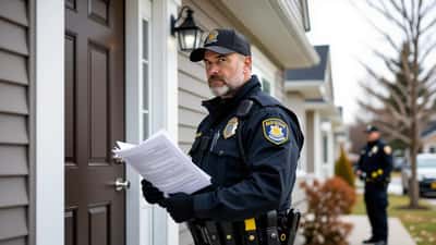 Plainclothes detective holding search warrant at door of suburban Quebec duplex