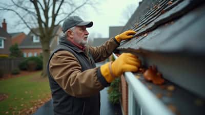 Canadian homeowner on a ladder inspecting blocked gutters on a suburban house under an overcast autumn sky