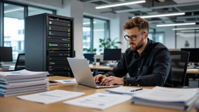 IT security consultant reviewing confidential client contracts and data-access permissions in a Sydney office