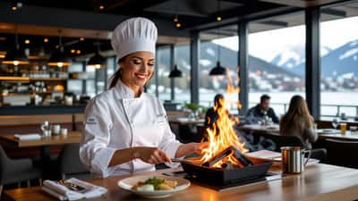 Cheffe cuisinière en veste blanche devant un feu ouvert dans un restaurant moderne à Zurich