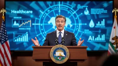 Gavin Newsom speaking at a podium with California and policy documents in the background