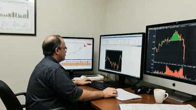 Financial advisor reviewing oil price charts showing sharp decline on trading monitors