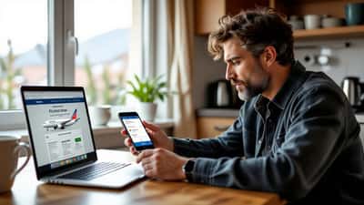 Hombre latino preocupado revisa un sitio de reservas de vuelos en su laptop mientras recibe una llamada sospechosa