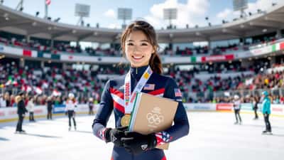 Joven patinadora artística con medalla olímpica revisando libros universitarios