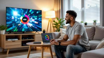 American man troubleshooting Wi-Fi router in living room while Premier League match buffers on 4K TV