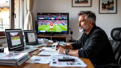 Abbonato italiano esamina contratti di abbonamento sportivo davanti alla TV con la Domenica Sportiva in onda