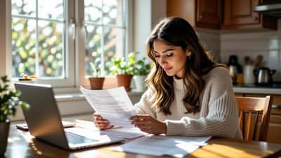 Young woman reviewing Student Finance England loan documents at kitchen table with laptop showing repayment figures