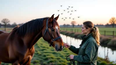 Dierenarts onderzoekt paard in Nederlands poldergebied bij schemering tijdens westnijlvirus uitbraak 2026
