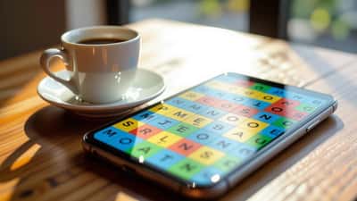 Smartphone mostrando el puzzle Connections sobre una mesa con café