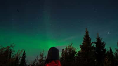 Woman watching the aurora borealis illuminate the night sky over Chisasibi, Quebec, Canada