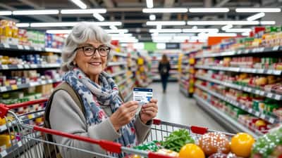 Anziana italiana con carta prepagata al supermercato per acquistare generi alimentari con la Carta Acquisti 2026