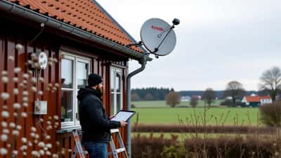 IT-tekniker inspicerer Starlink-parabol på dansk gårdtag med netværkskabel og tablet