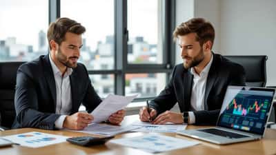Conseiller en gestion de patrimoine examinant des documents financiers avec un jeune client