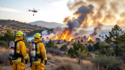 Feu de forêt sur une colline sèche près de Saragosse, pompiers face à un mur de flammes et une épaisse fumée