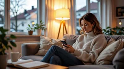 Kvinna granskar appbehörigheter och integritetsinställningar på sin smartphone med ett liveresultat på skärmen