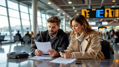 Casal preocupado no aeroporto com documentos de viagem e contrato de pacote turístico de lua de mel, representando direitos dos consumidores em Portugal