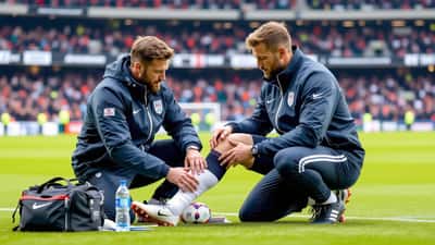 Football physiotherapist treating a player on the sideline