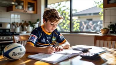 Young Eels fan in a blue-and-gold jersey doing maths homework with NRL scores at a kitchen table