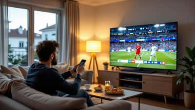 Adepto português a ver o Mundial 2026 em streaming numa Smart TV com aplicação de desporto no ecrã