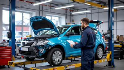 Kfz-Mechaniker untersucht Fahrzeugschaden nach Bahnübergang-Unfall in einer österreichischen Werkstatt