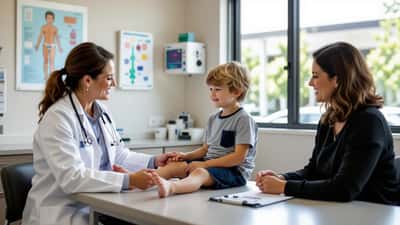 Paediatrician conducting a health check on an 11-year-old child at an Australian GP clinic