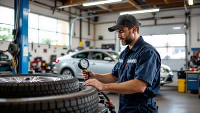 Meccanico italiano controlla il battistrada dei pneumatici su un'auto alzata in officina estate 2026
