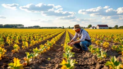 Boer inspecteert uitgedroogde suikerbietenplanten op een gebarsten kleiakker in de droogte van zomer 2026