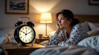 Woman checking bedside alarm clock at 2 a.m. during daylight saving time fall-back
