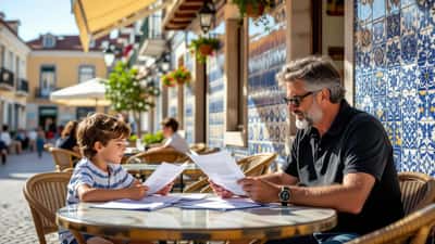 Pai português com filho pequeno a rever documentos numa esplanada em Lisboa