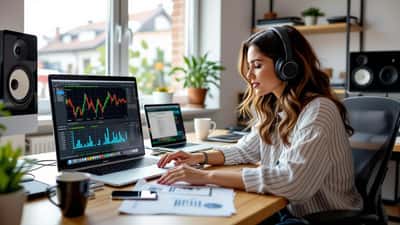 Musikerin in Hamburger Heimstudio mit Streaming-Charts auf Laptop und TikTok-Benachrichtigung auf Smartphone