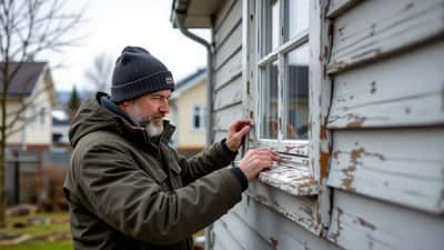 Husvegg med trevindu som viser råteskader og avflassende maling ved vindusrammen
