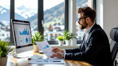 Employé en bureau suisse vérifiant un e-mail de phishing suspect sur son ordinateur