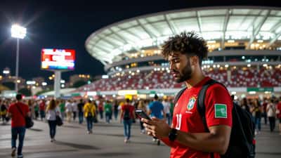 Torcedor com celular mostrando aplicativo falso de placar na saída do estádio