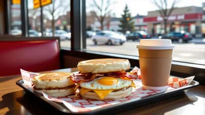 A fast-food breakfast sandwich with egg, bacon and cheese on a tray with a hash brown and coffee inside a Canadian restaurant