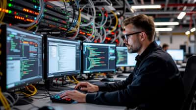 IT-Techniker prüft DNS-Fehler auf Netzwerk-Monitoring-Bildschirm in Serverraum