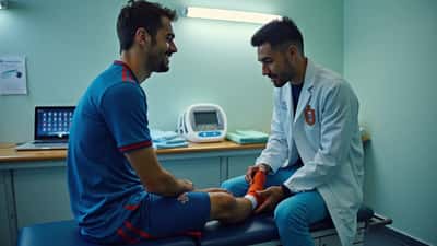 Fisioterapeuta examina o calcanhar de um futebolista numa sala de medicina desportiva
