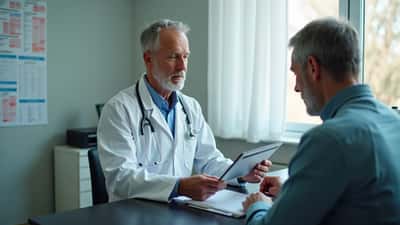 Læknir ræðir forvarnaráætlun með sjúkling á heilsugæslu á Íslandi