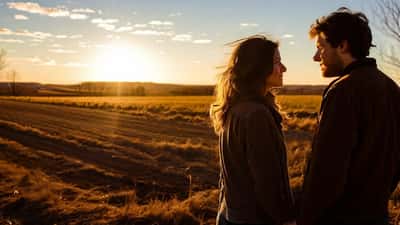 Jeune couple debout dans un champ au Québec au coucher du soleil, expression bittersweet