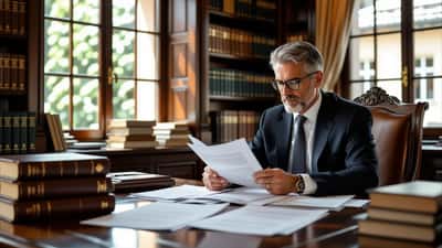 Notaire suisse examinant des documents de succession dans un bureau zurichois