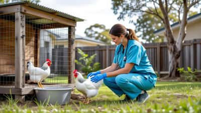 Veterinarian in gloves examining backyard chickens for H5N1 bird flu signs in a suburban Australian garden