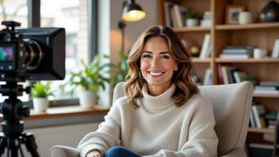 Animatrice québécoise souriante dans un studio de télévision à Montréal, atmosphère chaleureuse et authentique