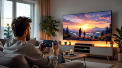 Norsk stue med gamer som holder PlayStation 5-kontroller foran TV med GTA 6